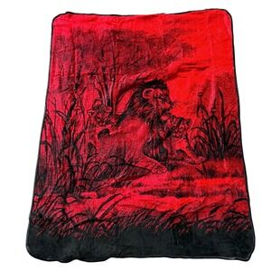 Vintage San Marcos Lion Family Cobertor Blanket Red Black Super Mexico 84x66
